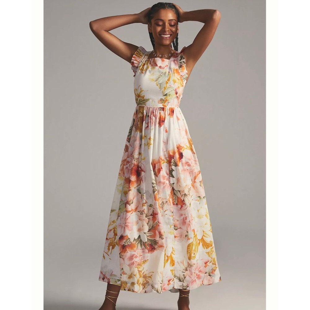 Anthropologie White Floral Maxi Dress with Pink and Yellow Accents
